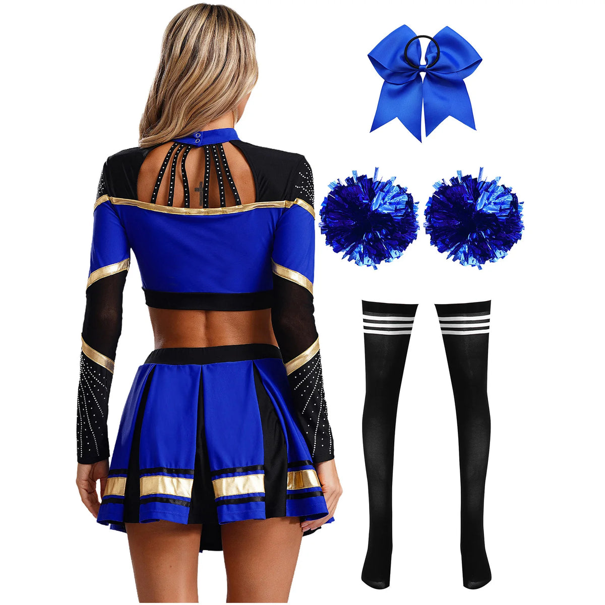 Cosplaykostuum voor cheerleaderoptredens voor vrouwen, crop-top met lange mouwen en geplooide rok met pompons 2026