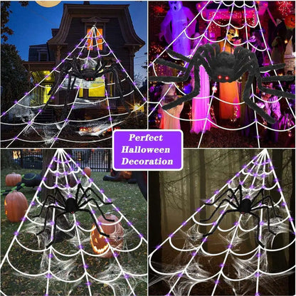 Halloween-spinnenweb met LED-verlichting en realistische enorme spin voor buiten, huis- en tuindecoratie 2026