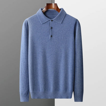 Merino Wool Men's Lapel Pullover Sweater - Business Casual Long Sleeve Knit Top