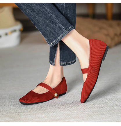 Stretchy Women Mary Jane Flats - Ribbed Knit For Spring