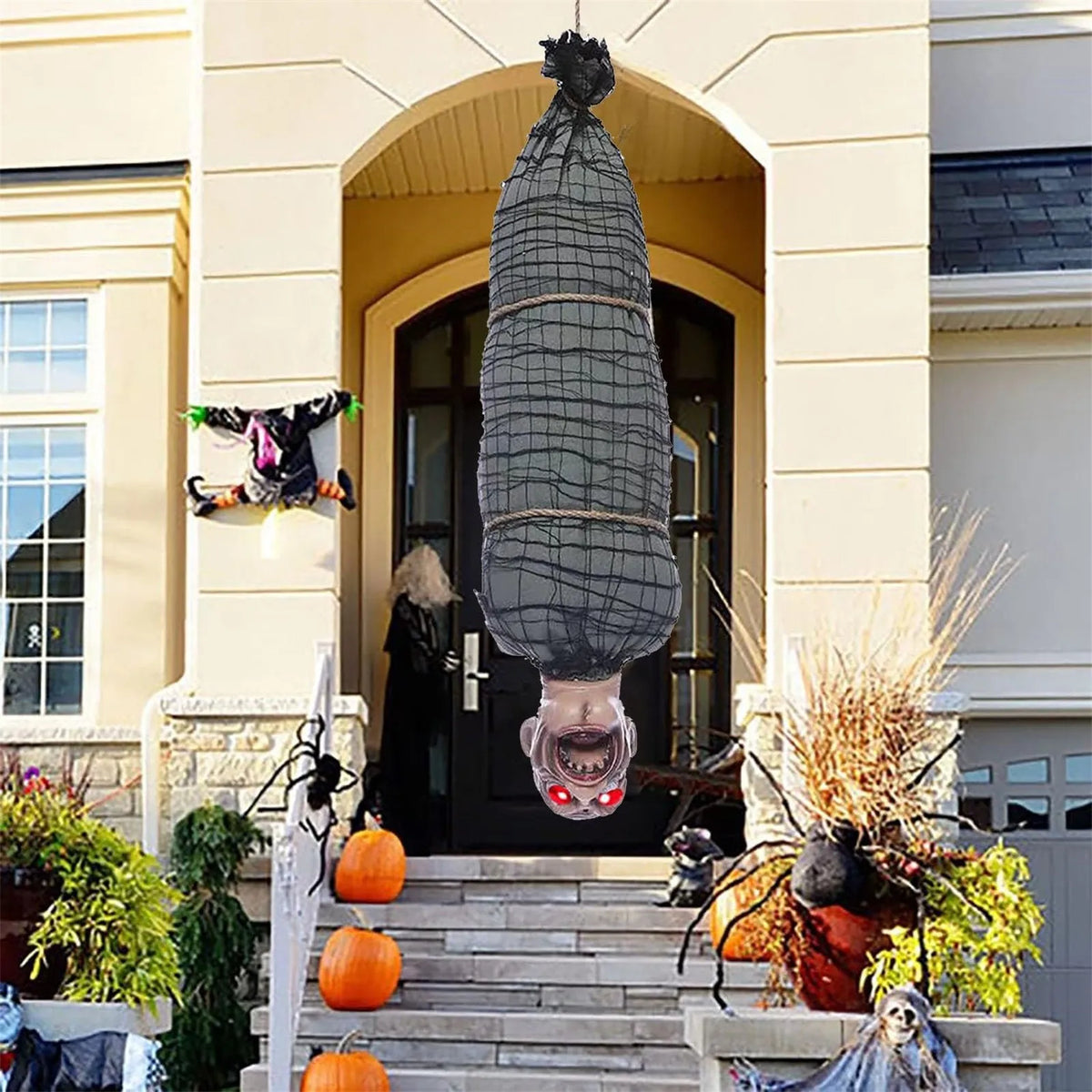 Geanimeerd hangend lijk van 2.46 Ft met LED-ogen, pratend en schuddend, met geluidseffect, Halloweendecoratie 2026