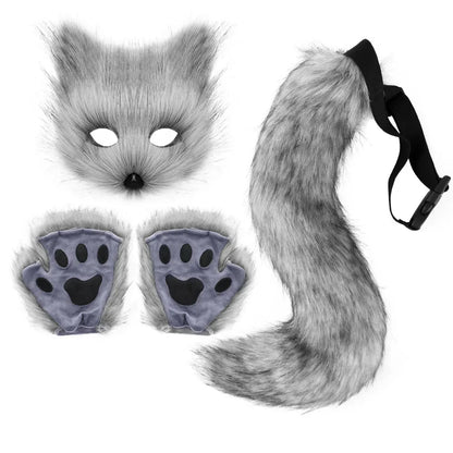 Variant image for Fox Costume Set with Mask, Tail, and Gloves for Halloween and Themed Parties, Soft Fabric and Faux Fur, Orange and White-3