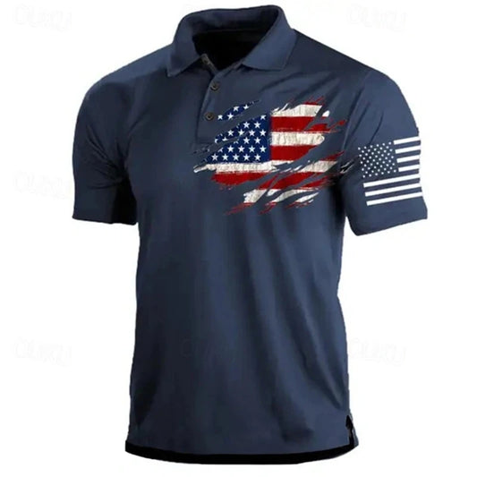 Lightweight men's polo shirt - classic polo, 3D American flag print, casual everyday wear