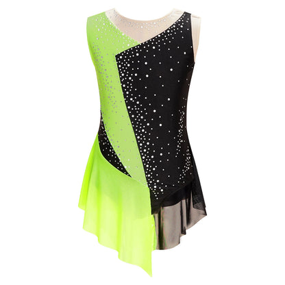 Stretchy Flattering Girls' Dance Leotard - Sleeveless Rhinestone Mesh Top, Polyester, Nylon, Elastane, For Competition