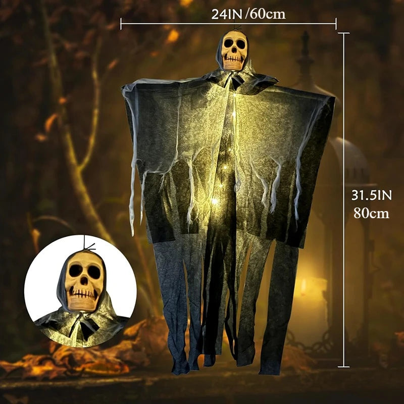 Oplichtende schedel, skelet en gaas met hangende geest voor Halloween, griezelige decoratie voor huis, tuin en buiten 2026