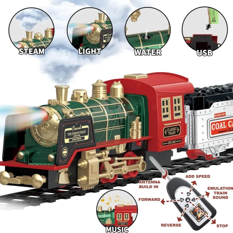 Remote Control Antique Steam Train Set - Christmas Gift for Kids, Rechargeable Electric Train with Lights & Sounds for Holiday Fun