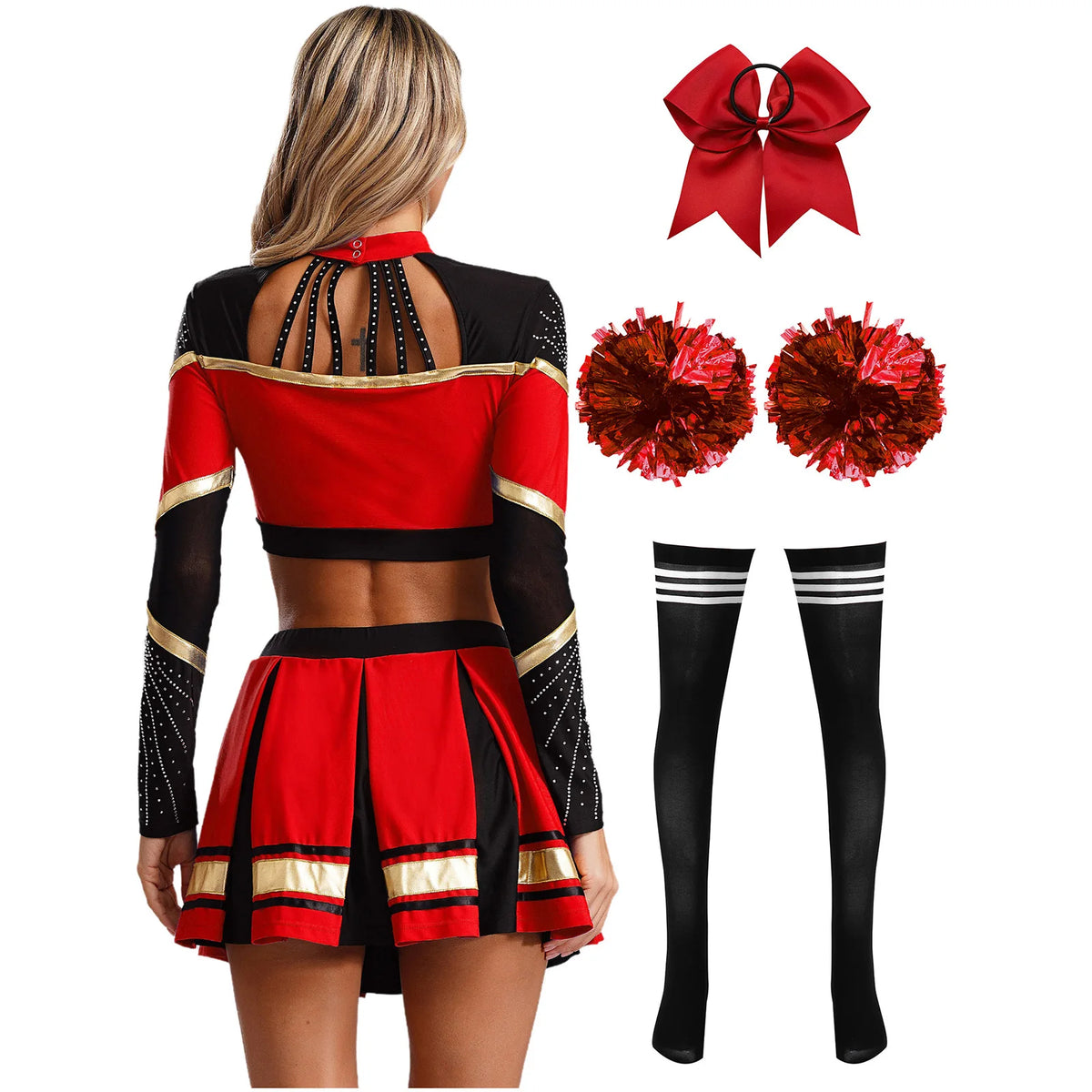 Cosplaykostuum voor cheerleaderoptredens voor vrouwen, crop-top met lange mouwen en geplooide rok met pompons 2026