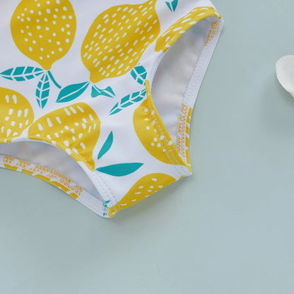 Lightweight Girls' Swimsuit - One-Shoulder Ruffle, Lemon Print, Polyester, Summer Beachwear