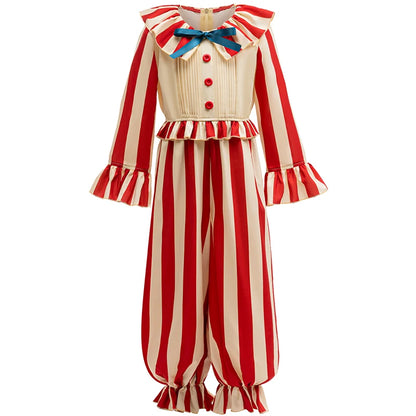 Gestreept jumpsuit voor jongens met circusclownmotief, Halloween-carnavalskostuum, verjaardagsgoochelaarsoutfit voor op het podium 2026