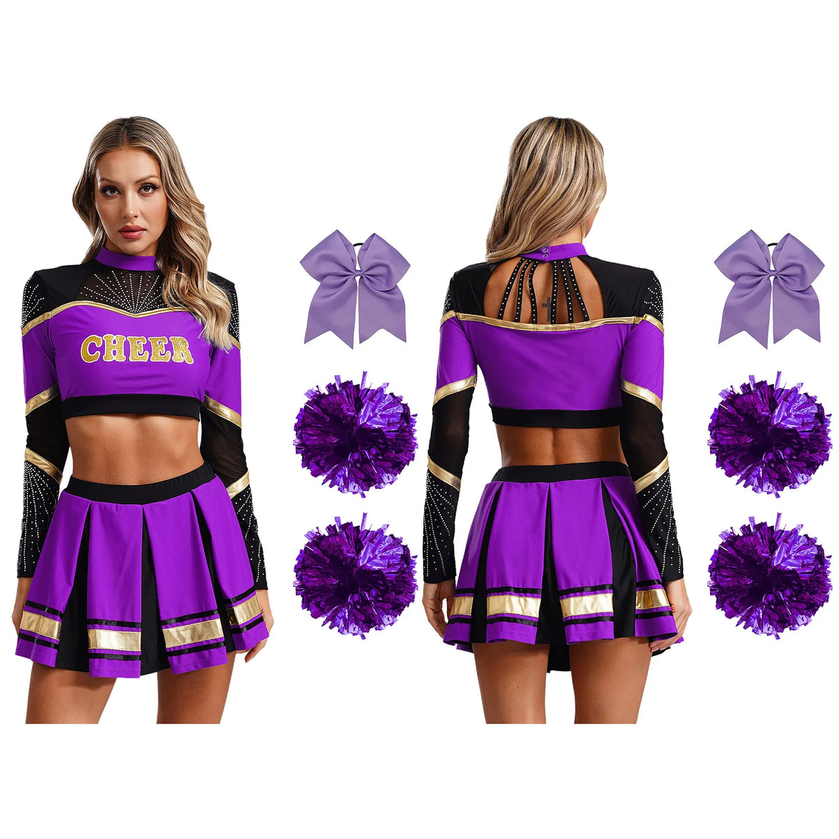Cosplaykostuum voor cheerleaderoptredens voor vrouwen, crop-top met lange mouwen en geplooide rok met pompons 2026