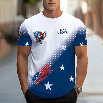 Soft men's tee - relaxed fit, 3D print patriotic eagle and flag graphic, casual wear