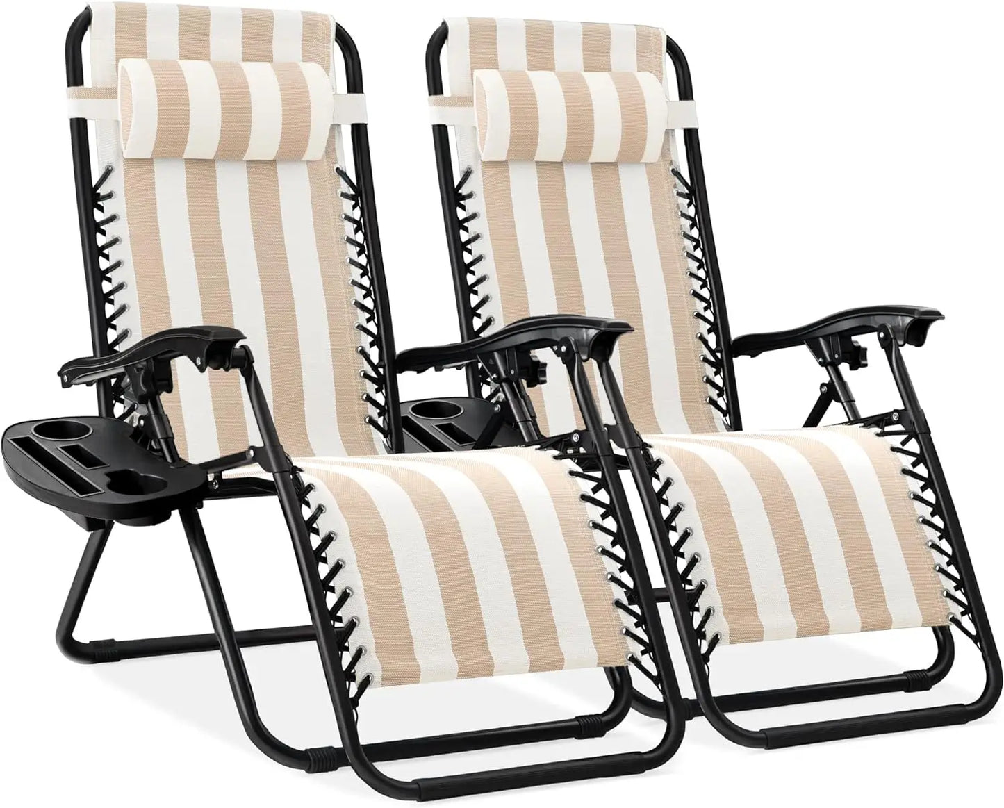 Adjustable Steel Mesh Zero Gravity Lounge Chairs with Cup Holders & Pillows - Portable Recliners for Outdoor Relaxation and Comfort