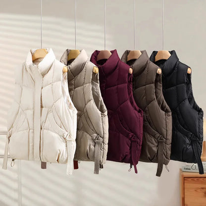 Warm Women's Puffer Vest - Quilted High Collar, Polyester