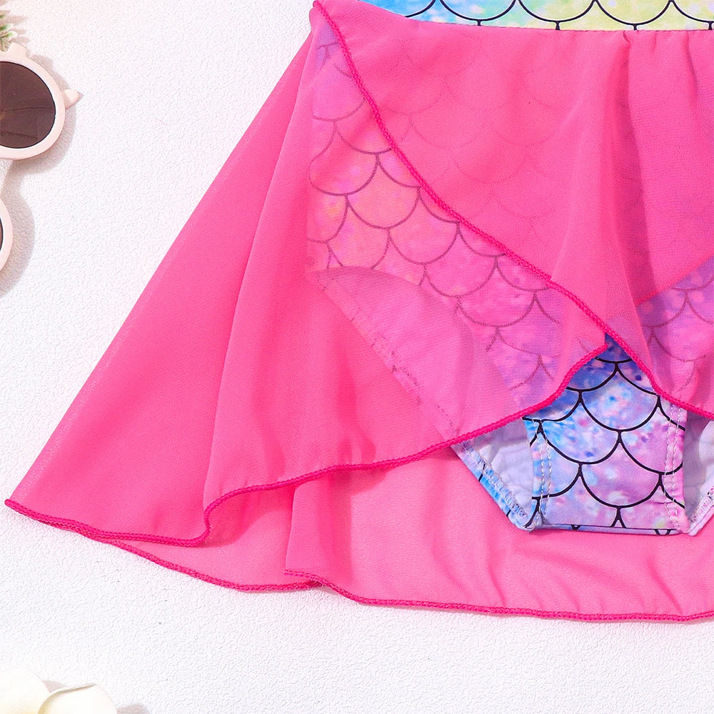 Quick-Dry Durable Girls' One-Piece Swimsuit – Mermaid-Scale Print, Ruffle Sleeves, Tulle, Polyester Elastane, Beach