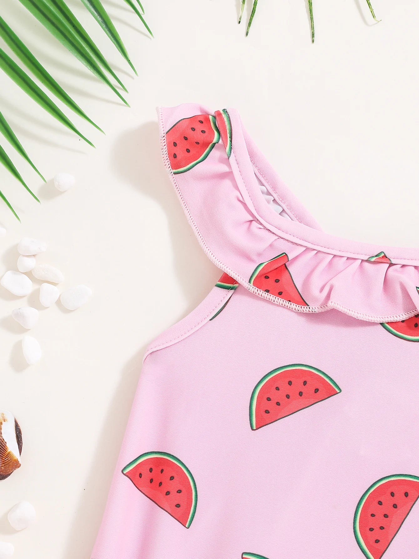 Soft Durable Baby Girls’ Swimsuit – Halter-Neck Watermelon-Print, Polyester, For Summer Beach Days