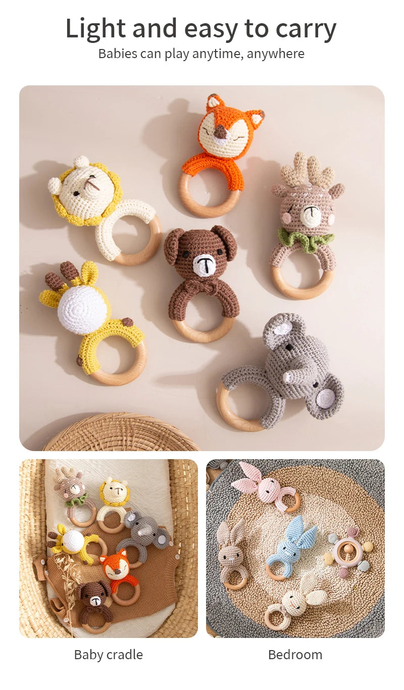 Wooden Crochet Animal Teether Rattle Newborn Sensory Toys