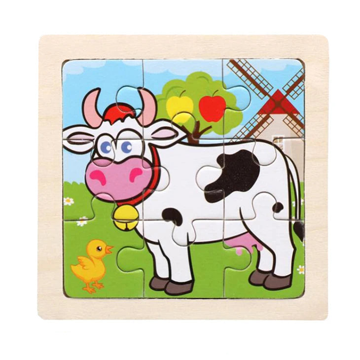 Kids Wooden Jigsaw Puzzle - Montessori Cartoon Animal Vehicle Educational Toy for Children