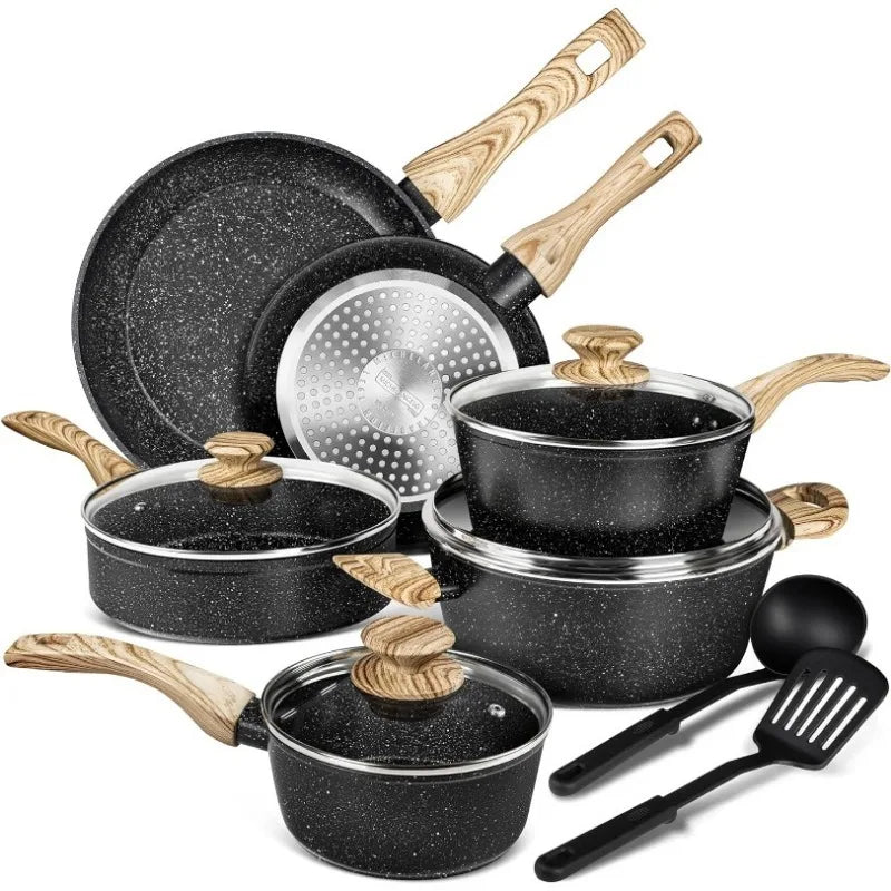 12-Piece Nonstick Granite Cookware Set - PFOA-Free Pots and Pans, Induction Compatible Kitchen Essentials for Healthy Cooking