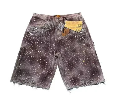 Shorts di jeans da donna comodi - taglio dritto al ginocchio, applicazione a croce con strass, orlo sfrangiato per abbigliamento streetwear