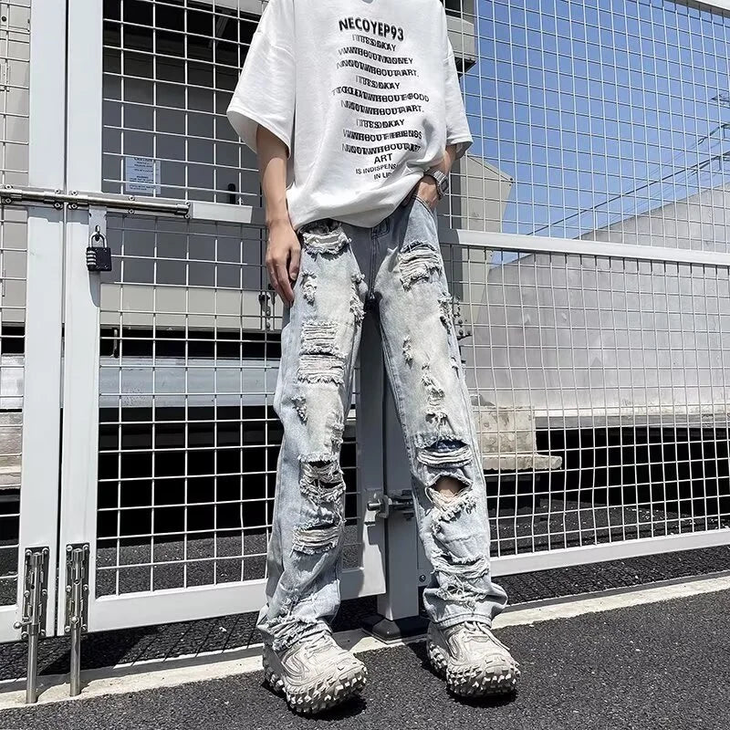 Oversized Relaxed Mens Jeans - Ripped Straight Leg Denim