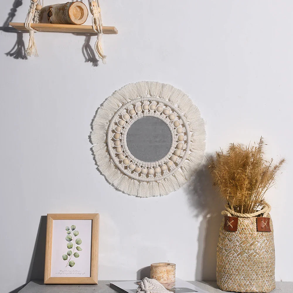 Set di Specchi Macramè con Frangia in Cotone Specchi da Parete Boho Appendibili Autunno 2025 Decorazione Accogliente per Cameretta Regalo per la Casa
