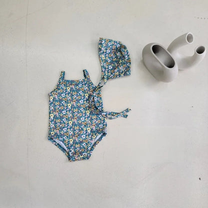 Leichter Baby-Mädchen-Einteiler-Badeanzug - gepunkteter Hosenträgerstil mit Hut, Nylon, gemütlich für den Sommerstrand