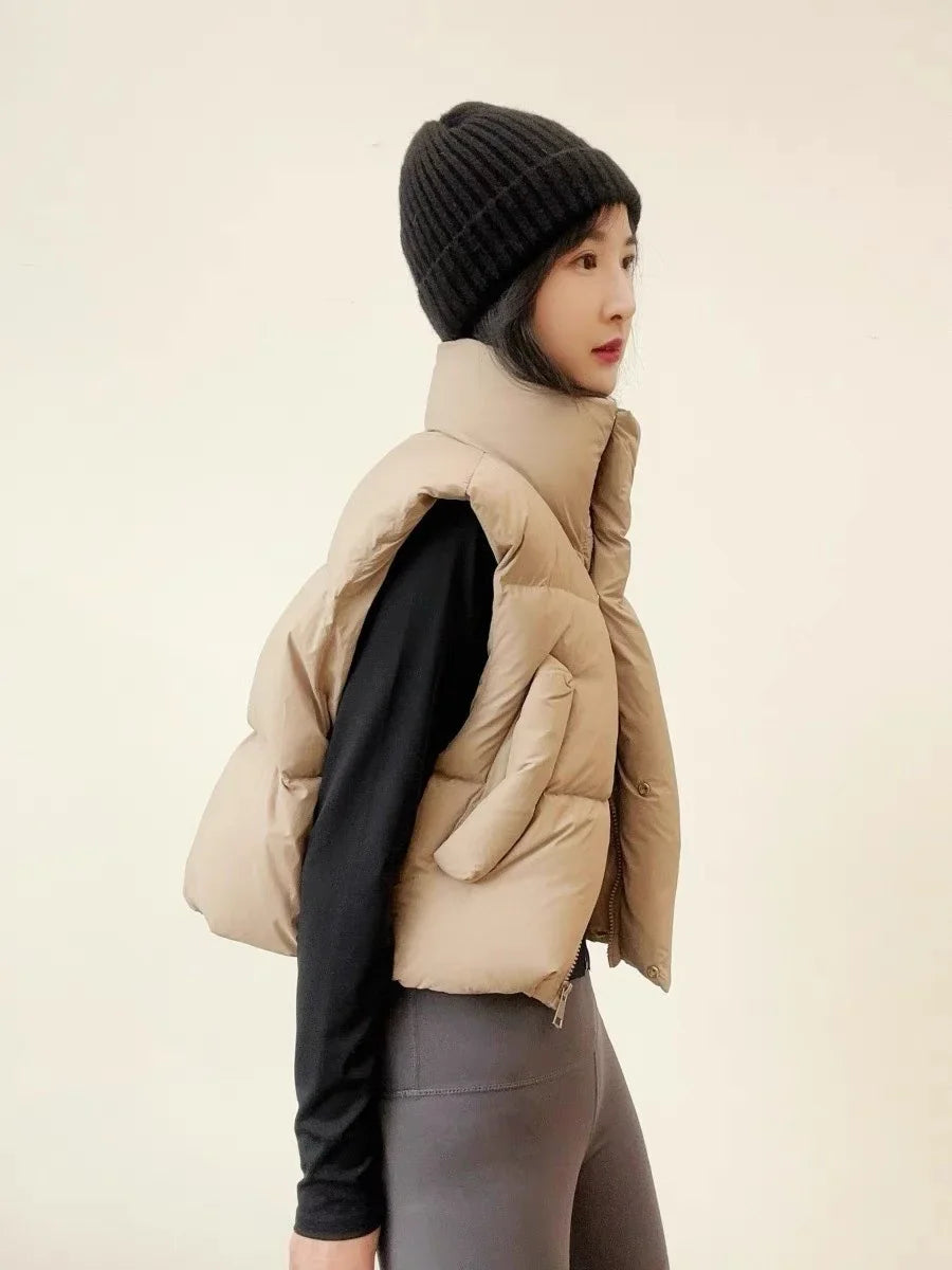 Warm Women Short Down Vest - Stand-Up Collar, Winter