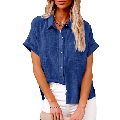 Linen Shirt Short Sleeve Casual Loose Fit Blouse Fresh Sweet Style Polyester Fabric