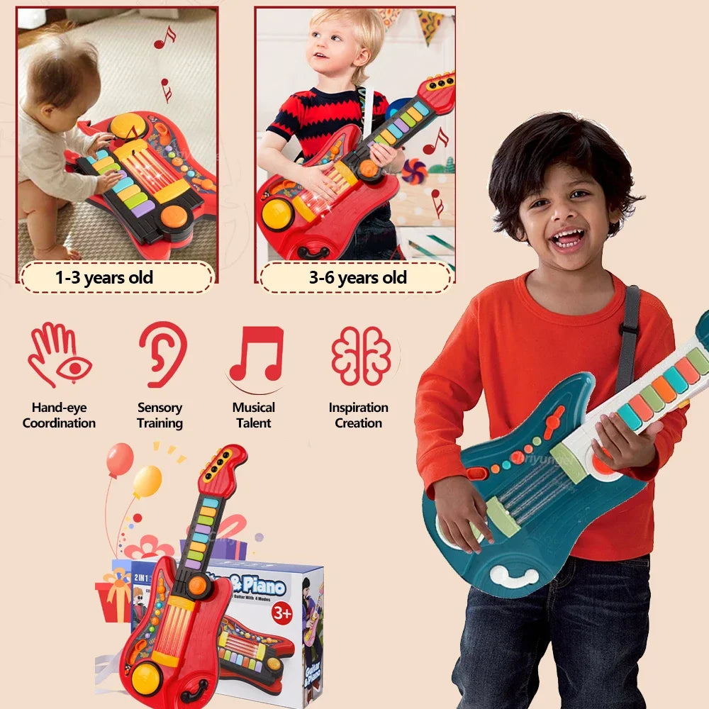 Giocattolo musicale multifunzionale 3 in 1 per bambini: set pieghevole per chitarra, pianoforte e batteria, regalo di compleanno perfetto per ragazzi e ragazze dai 3 anni in su