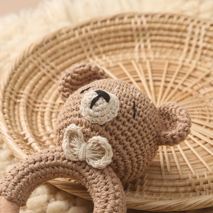Crochet Bear Teether Rattle Ring Newborn Sensory Toys