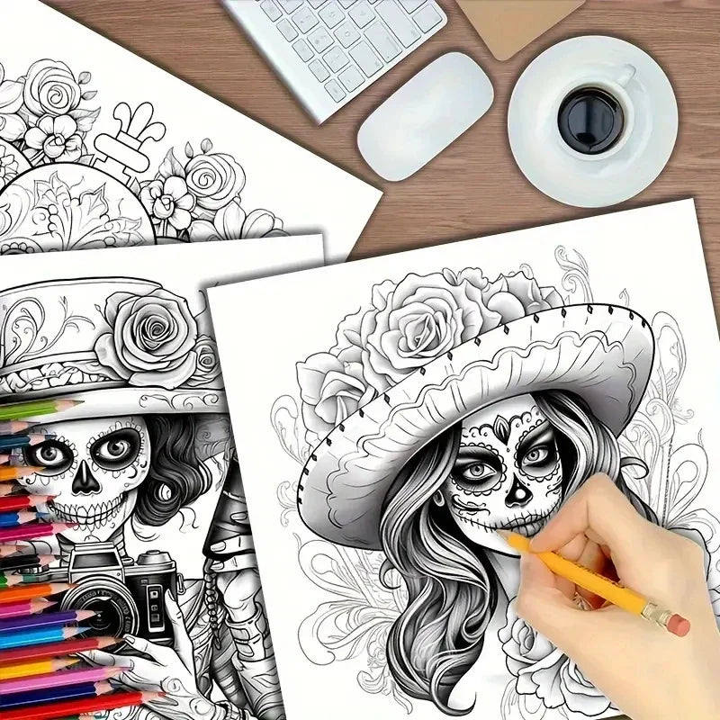 Coloring Book Upgraded Thickened Paper Sugar Skull Art Halloween Trend Gift Idea 22 Pages