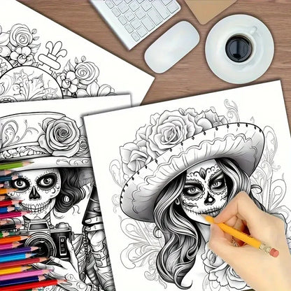 Coloring Book Upgraded Thickened Paper Sugar Skull Art Halloween Trend Gift Idea 22 Pages
