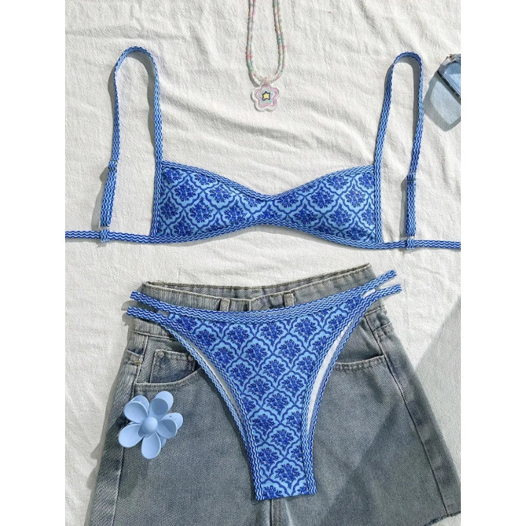 Hurtigtørrende kvindelig bikinisæt – høj benudskæring blomsterprint, polyester, elastan, til svømning