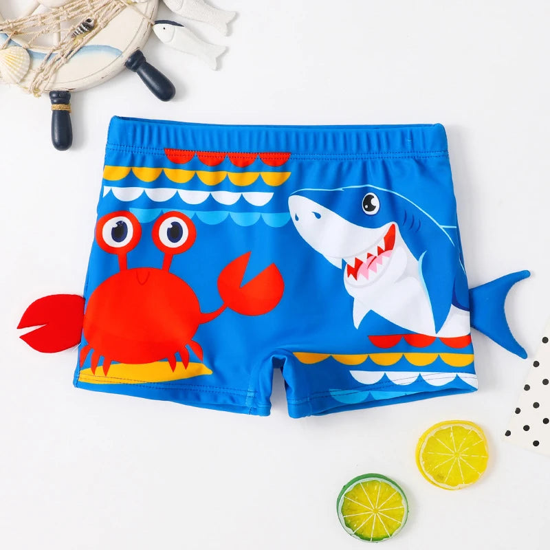 Quick-dry boys' swim shorts - cartoon crab and shark print 2pc set, polyester, for swimming and beach days