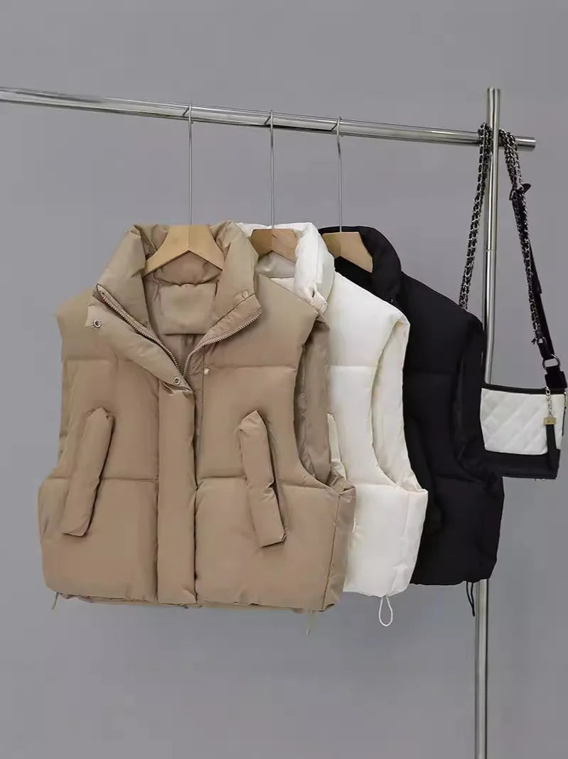 Warm Women Short Down Vest - Stand-Up Collar, Winter