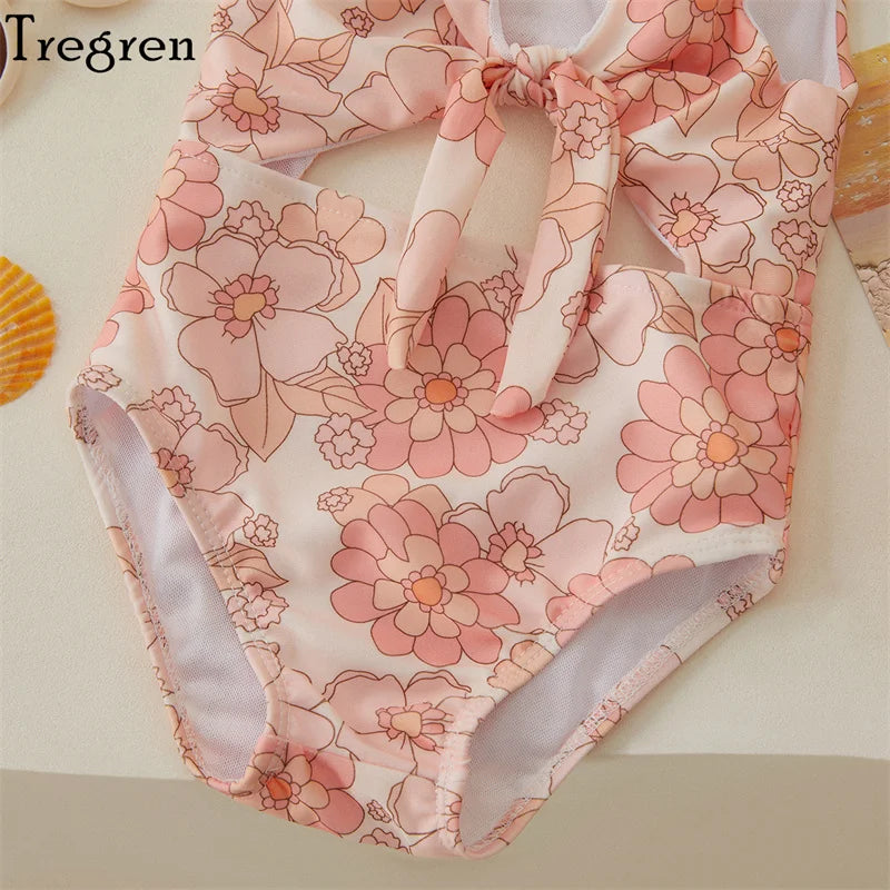 Soft Toddler Girls' One-Piece Swimsuit - Floral Print Bow-Tie Detail, Polyester, For Summer
