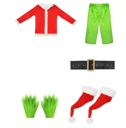 Groene cosplaykostuumset van de animeversie van de Kerstman met hoed, handschoenen, riem en masker voor Halloween en carnaval 2026