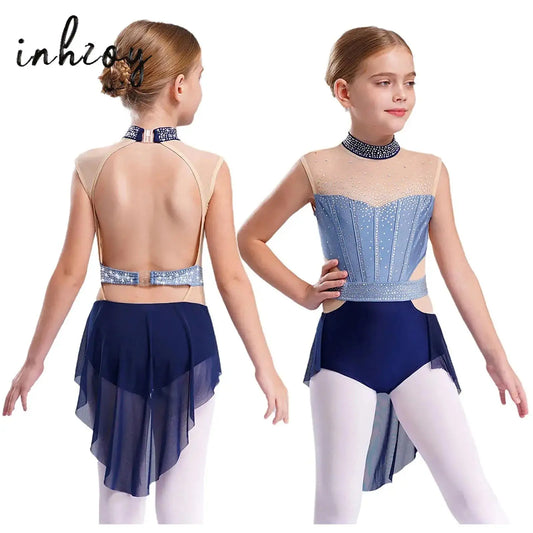 Stretchy girls' leotard - rhinestone mesh yoke, sleeveless, polyester, nylon, elastane, for lyrical dance performance