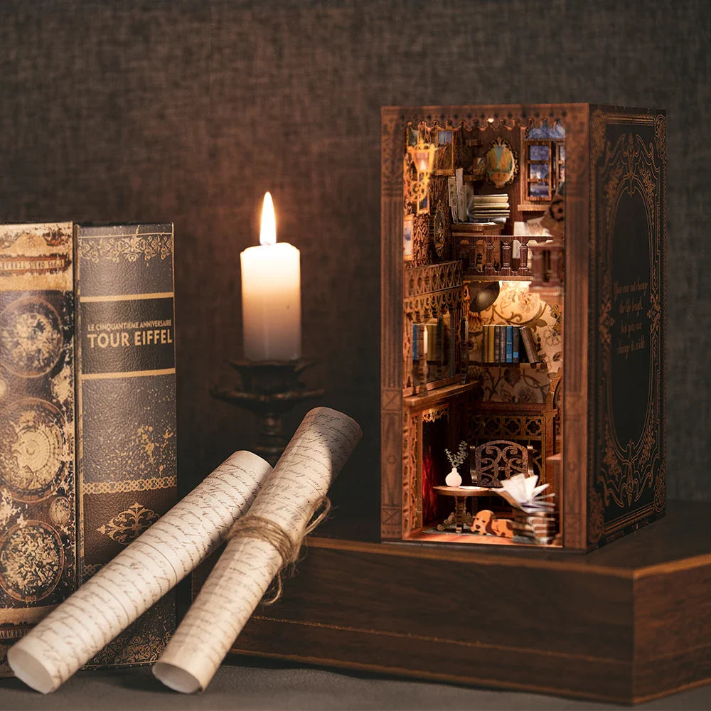 DIY bogkrog sæt træ miniature hyldeinlæg roombox dukkehus model ferie 2025 hyggeligt bibliotek gave