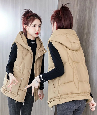 Warm Cozy Women Puffer Vest - Hooded Midlength, Winter