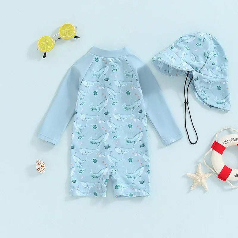 Conjunto de traje de baño con protector solar para bebé de secado rápido con sombrero - manga larga, poliéster, para playa y protección solar