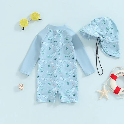 Conjunto de traje de baño con protector solar para bebé de secado rápido con sombrero - manga larga, poliéster, para playa y protección solar
