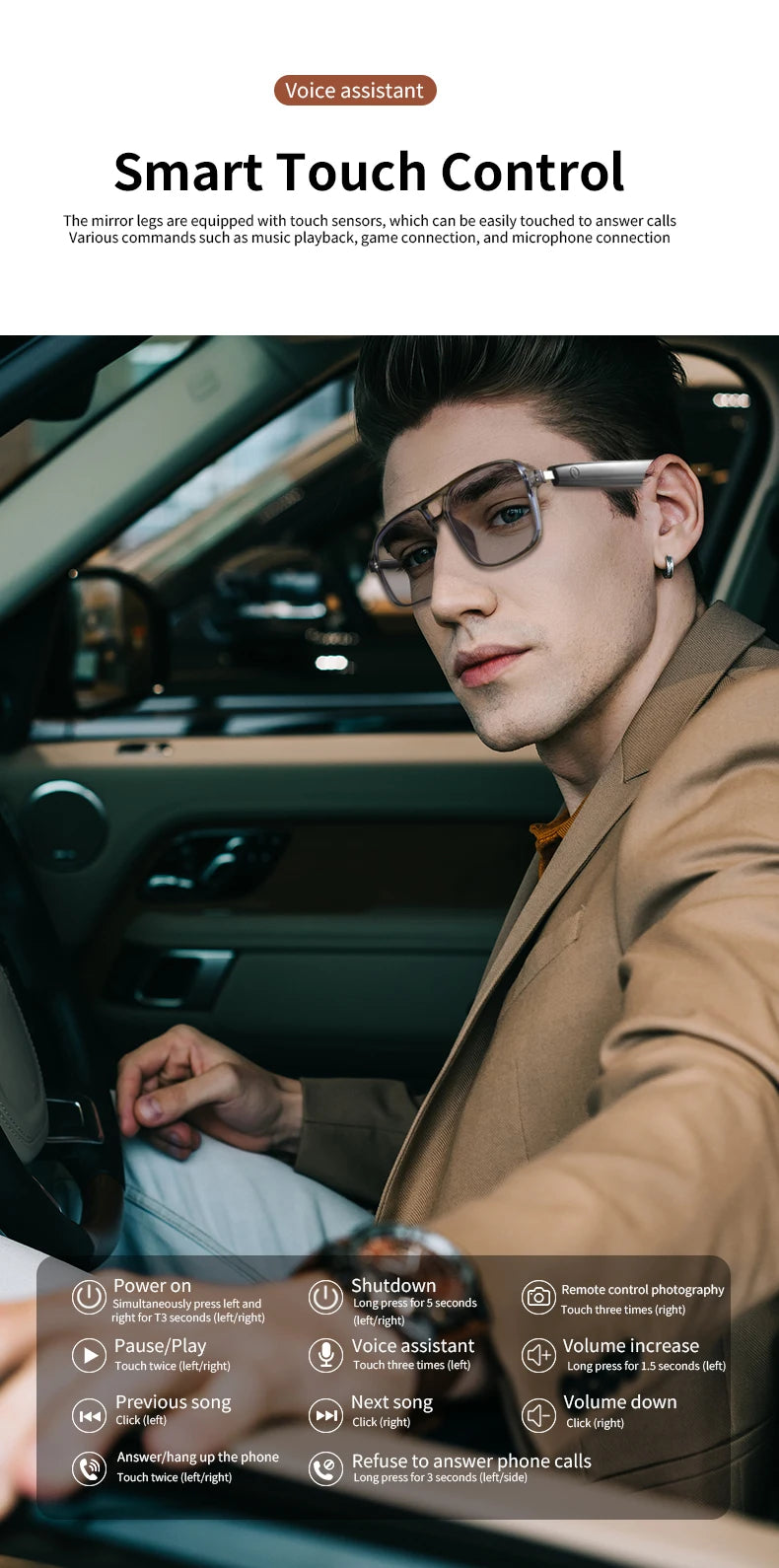 Smart Bluetooth Photochromic Sunglasses With Audio Mic