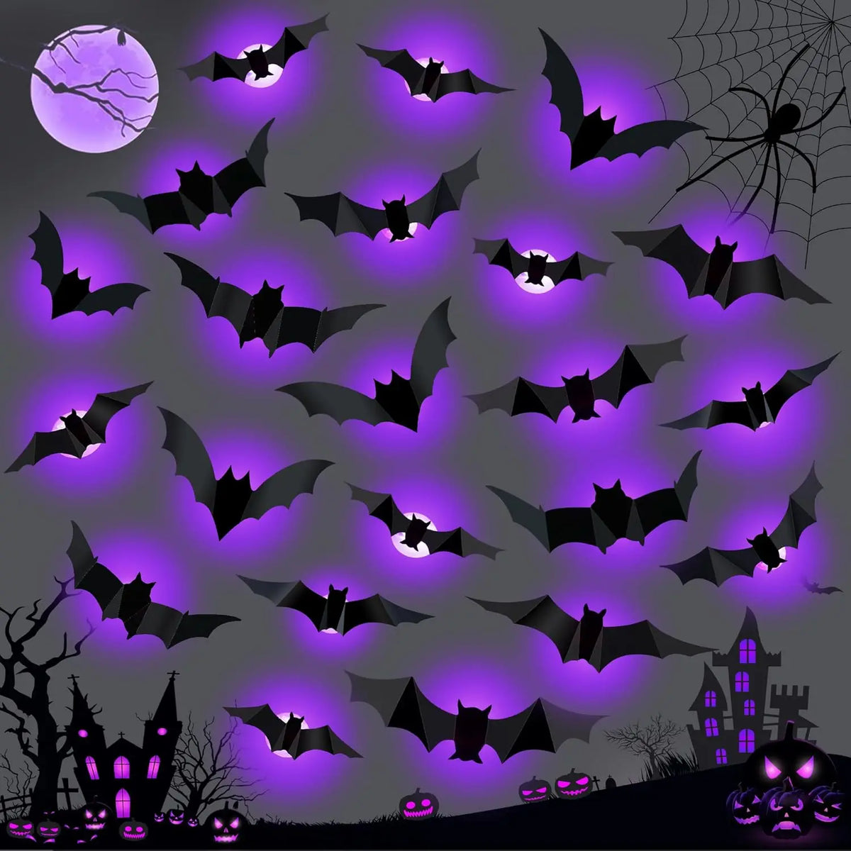 3D-paarse en groene LED-nachtlamp als Halloween-vleermuis en -spin, zelfklevende muurstickers voor huis en feestdecoratie 2026