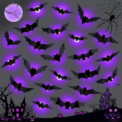 3D-paarse en groene LED-nachtlamp als Halloween-vleermuis en -spin, zelfklevende muurstickers voor huis en feestdecoratie 2026