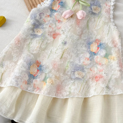 Weiches Mädchenkleid - Ärmelloses Kleid mit Blumenmuster und Schleife, Baumwoll-Polyester-Mischung, Lässige Sommerkleidung