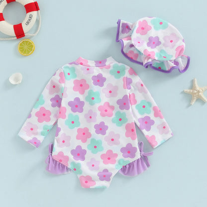 Soft Toddler Girls' Swimsuit - Long Sleeve, Zip Front, Flattering Flower Print, Polyester, Beach & Pool Swimwear