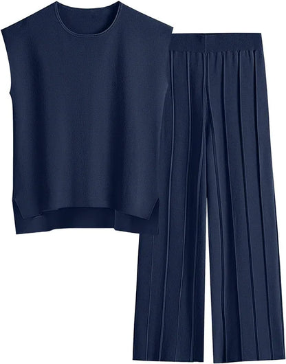 Soft Relaxed Women’s Two-Piece Pant Set – Sleeveless Round-Neck Knit Top, High-Waist Wide-Leg Trousers For Summer