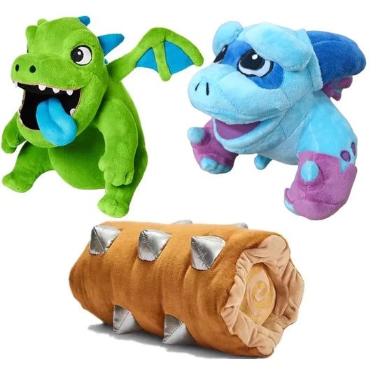 Set di tre peluche drago con giocattolo rotolante a tronco