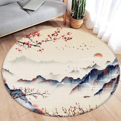 Koi Fish Round Rug Japanese Water Ink Floor Decor Serene